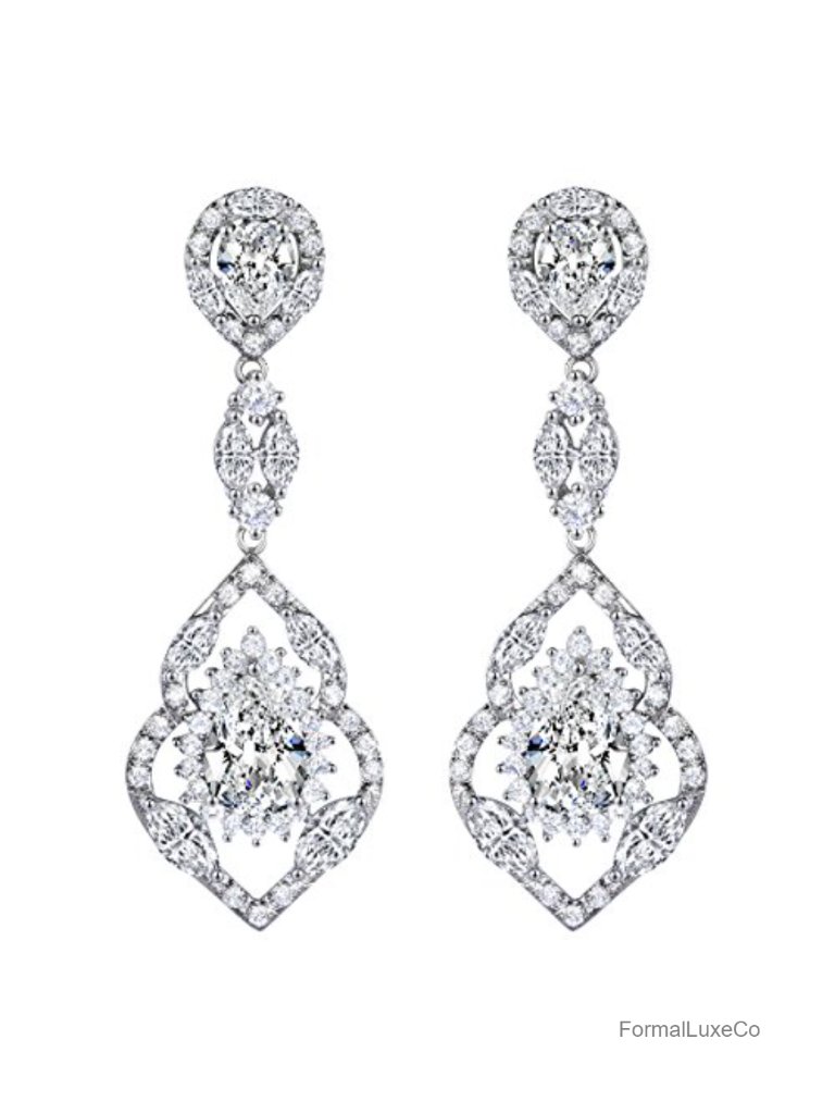 Vintage Teardrop Dangle Earrings Silver Tone Chandelier Zircon